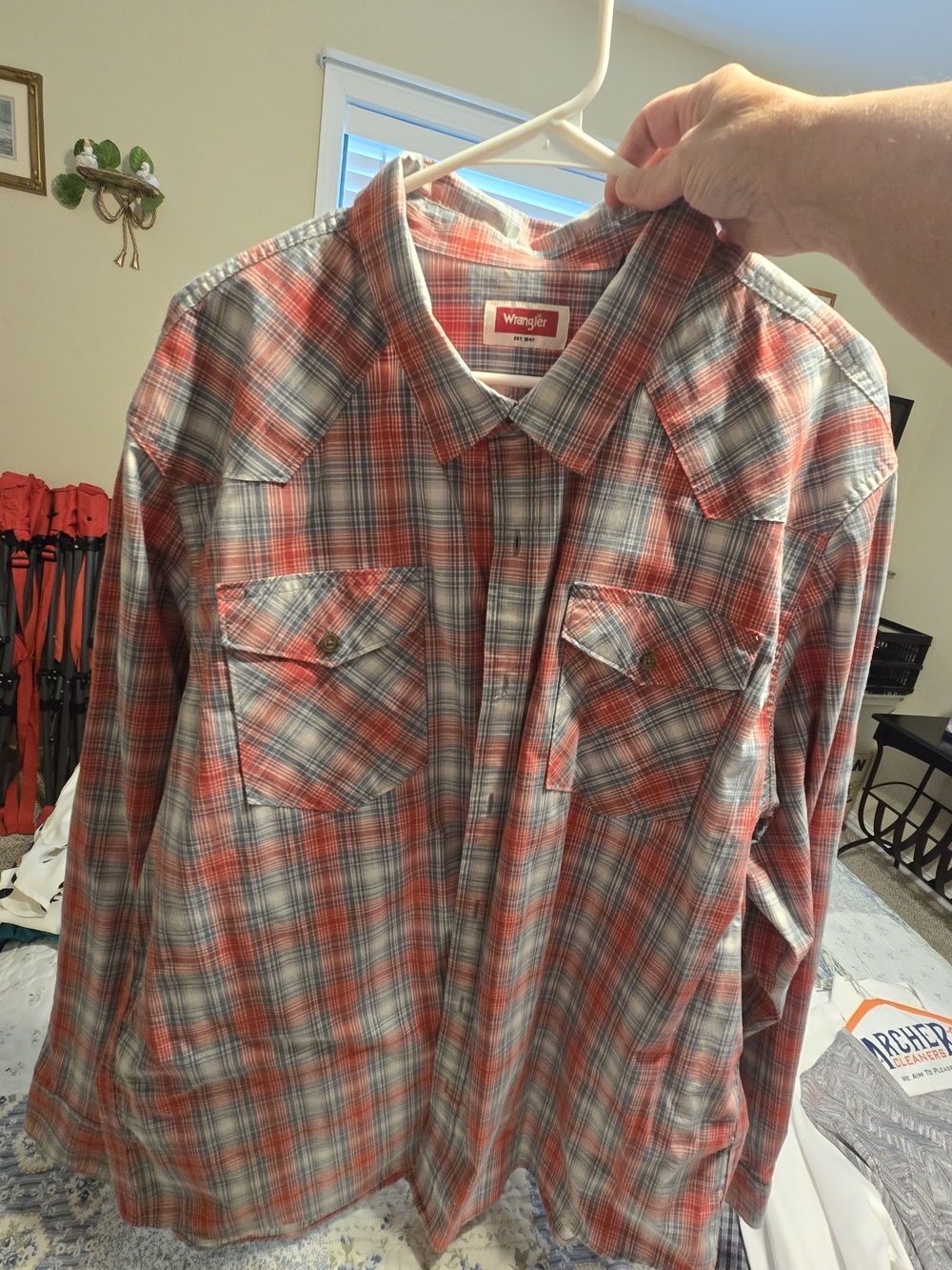 Wrangler Red and Gray Plaid Men's Button-Down Shirt